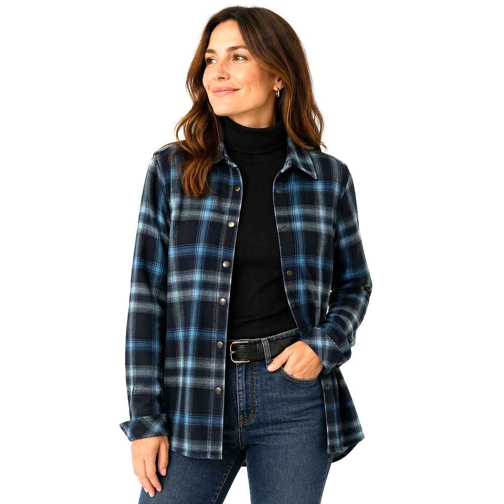 Orvis Women's Blue Flannel Shacket M Fleece Lined Snap Front Plaid Shirt Jacket